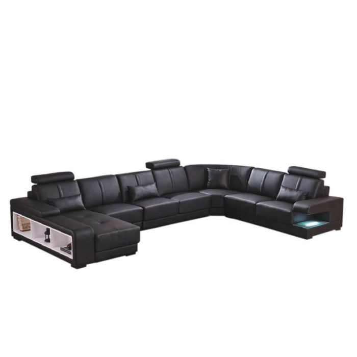 U shaped black leather sectional couch
