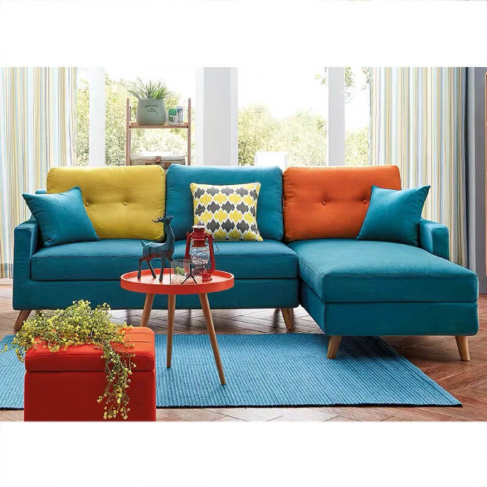 L shaped blue fabric sofa bed