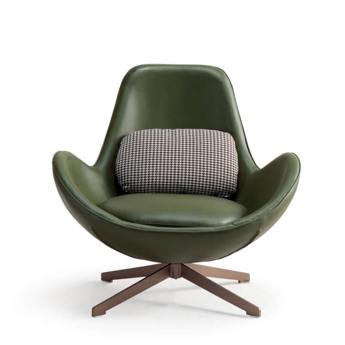 Olive leather egg shaped swivel chair