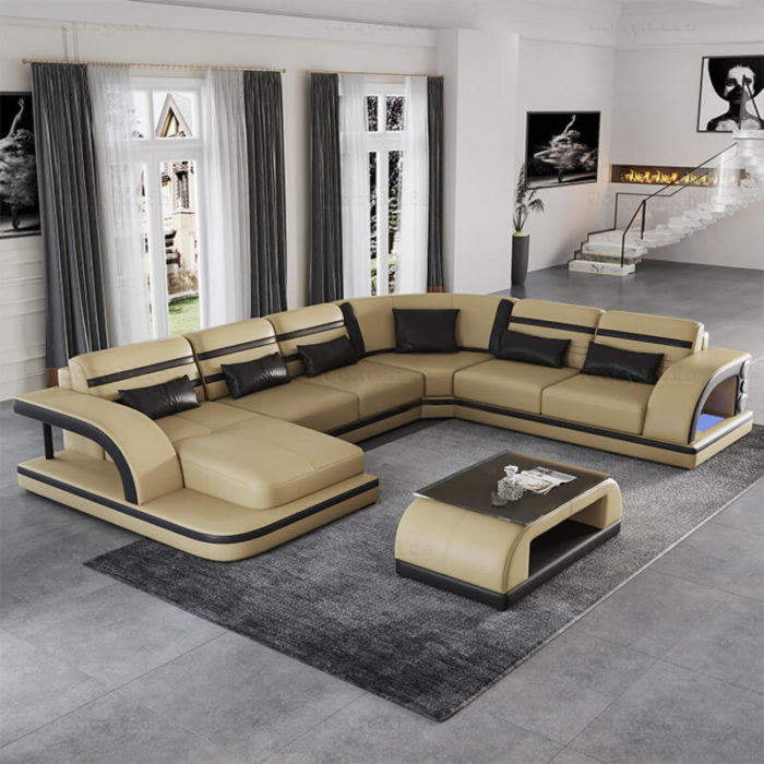 yellow u shaped leather sectional with chaise