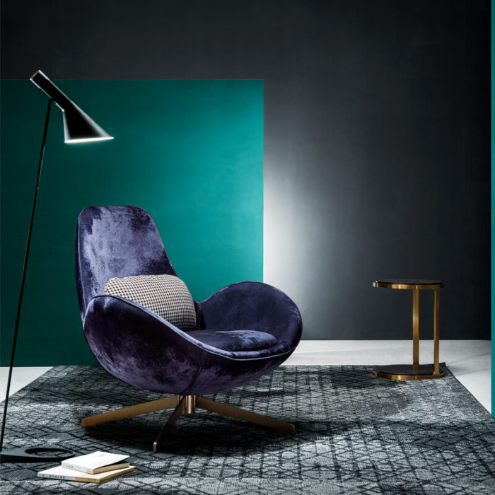 modern eggshape blue velvet swivel lounge chair