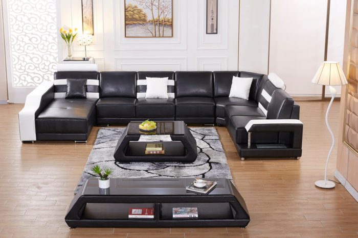 factory offer modern u shaped leather sofa with tables