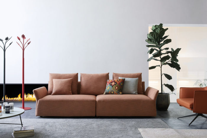 4 seater orange fabric sofa