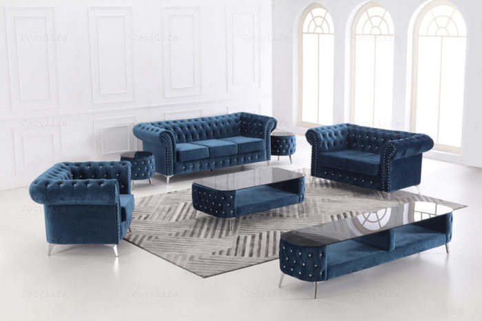 living room blue tufted sofa set