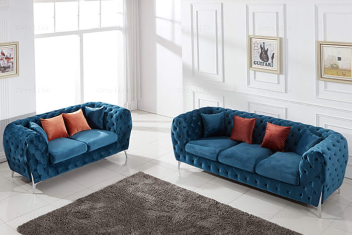 living room blue velvet chesterfield sofa