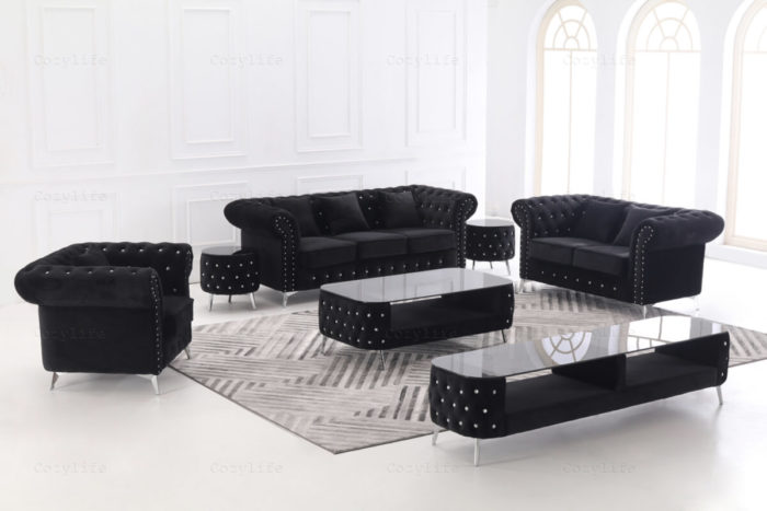 contemporary black chesterfield couch set with tables