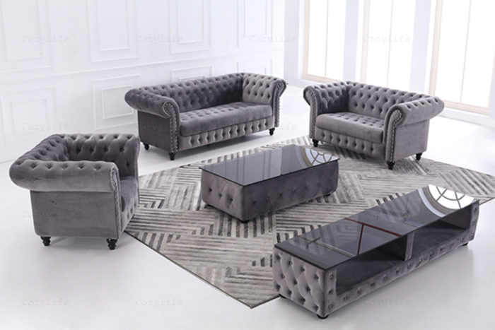 grey chesterfiled couch and chair set