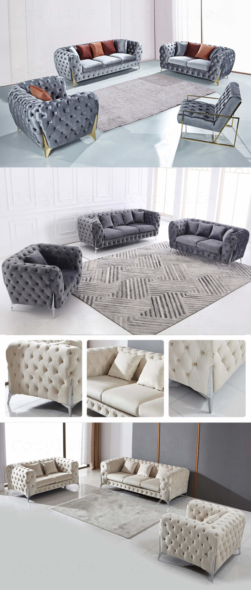 3 pieces modern chesterfield sofa with metal legs in details