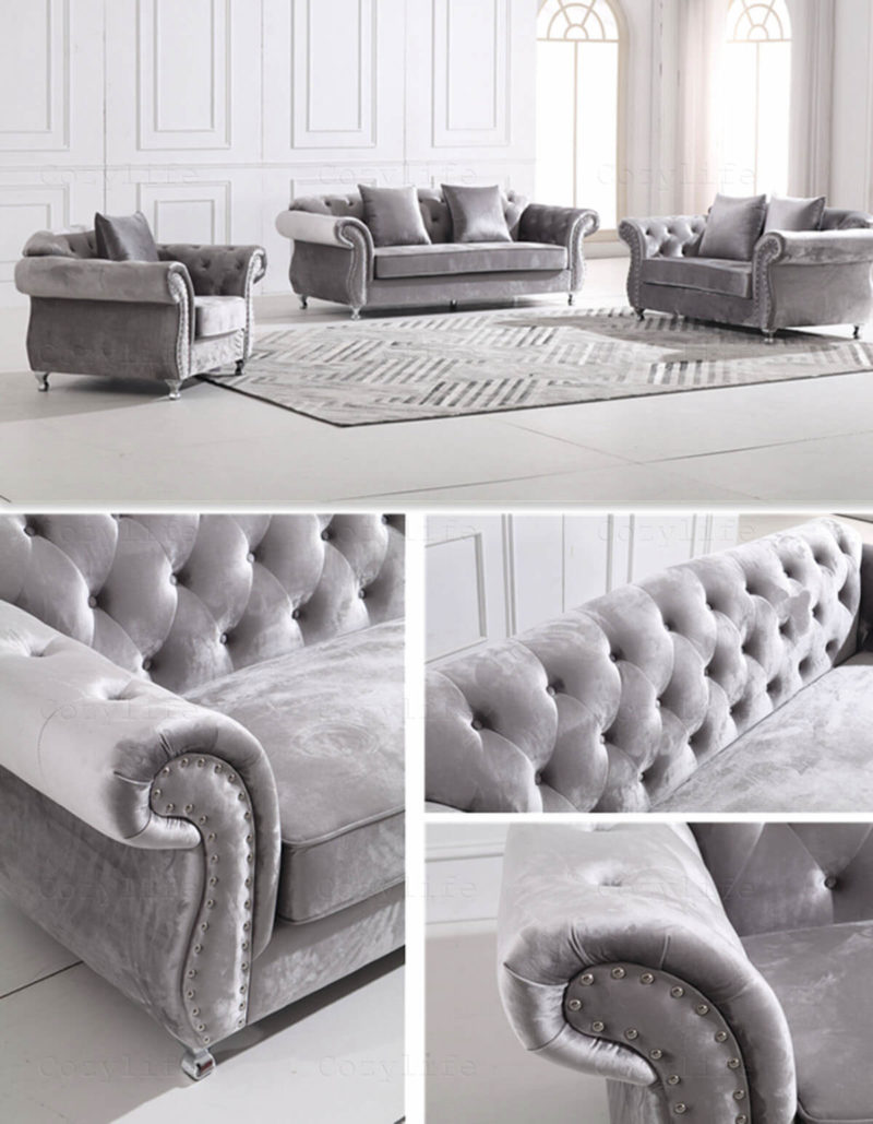 grey chesterfield sofa detail