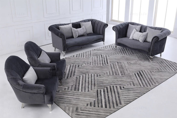 grey fabric sofa set with armchairs