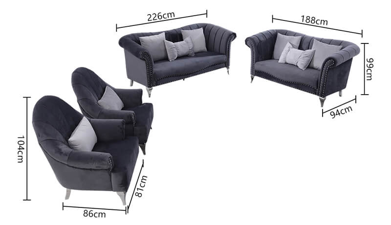 gray high back sofa set size