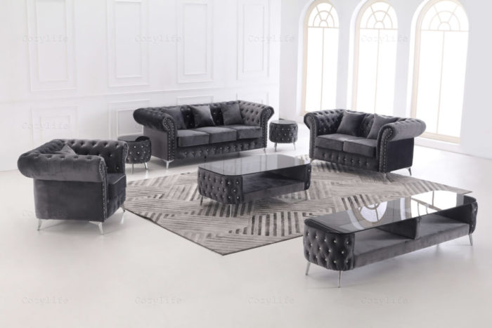 grey tufted couch set with tables