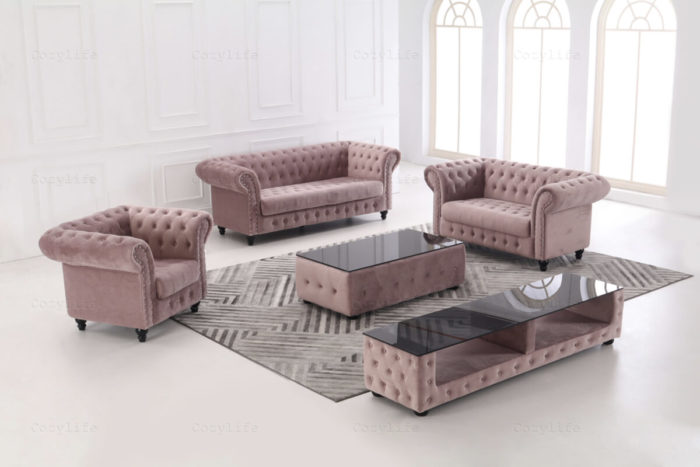 tufted couch and chair set with tables