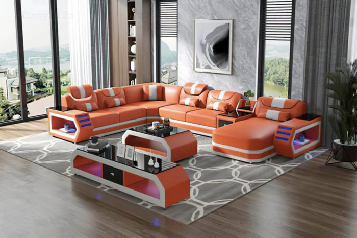 Orange long sectional couch with led lights