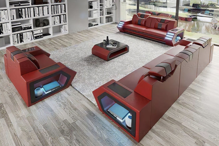 red leather sofa set with smart led lights