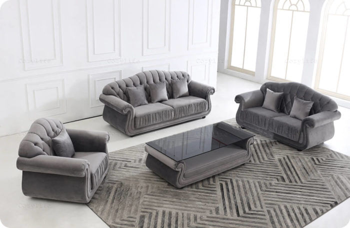 tufted grey sofa set