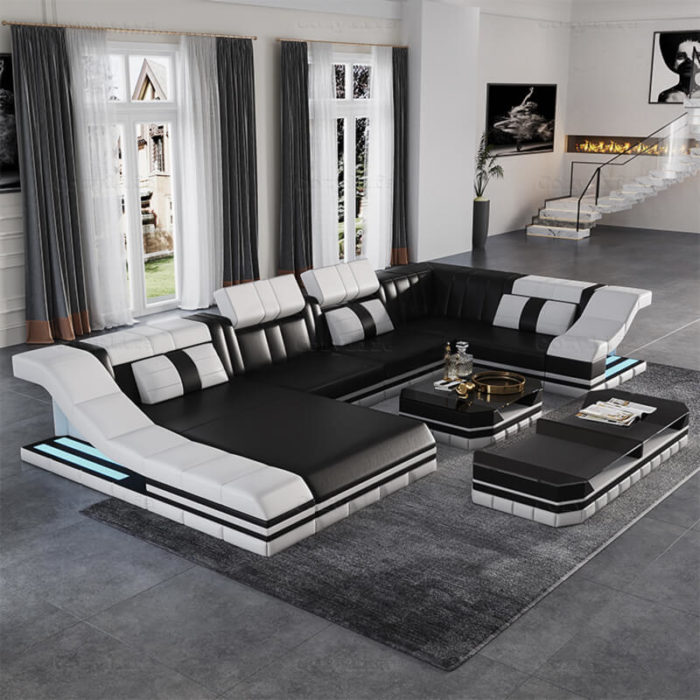 whit and black leather modular lounge